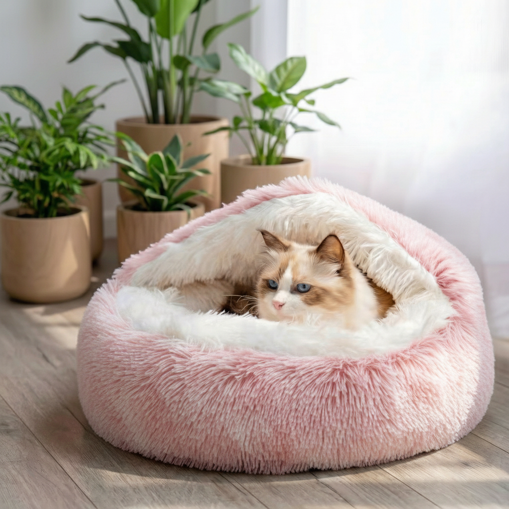 Cat lying in a pink plush pet bed with plants in the background